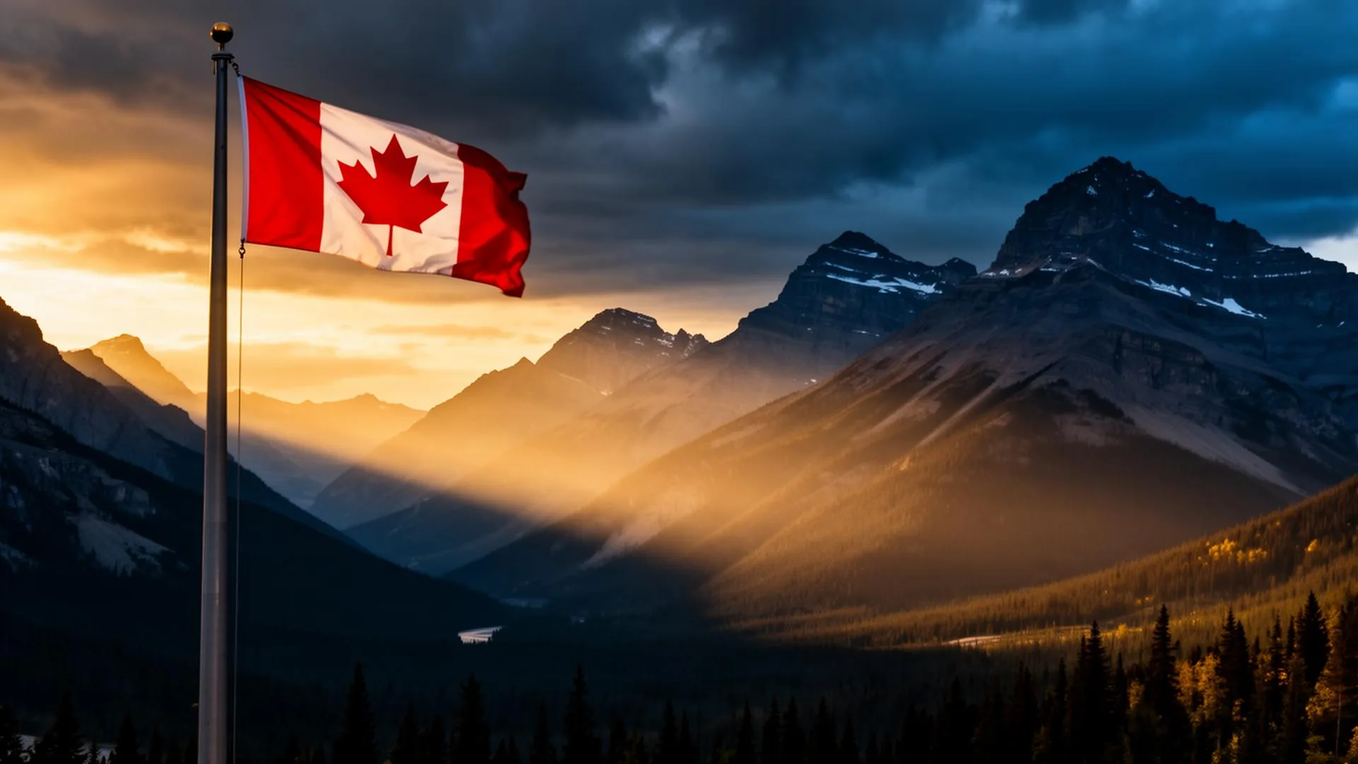 Canadian flag against the Rocky Mountains at golden hour